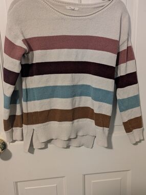 Maurices Cream Sweater with Dusty Rose and Burgundy Stripes
